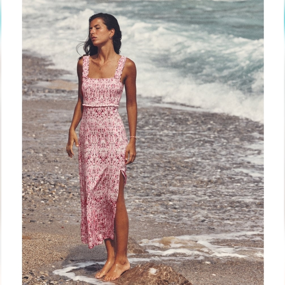 LINEN BLEND PRINTED MIDI DRESS SIZE M - Picture 1 of 6